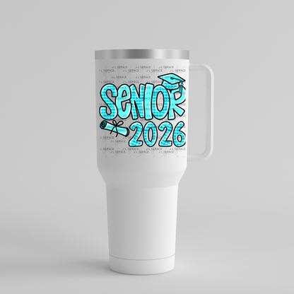 Senior 2026 PNG – Aqua Plaid Graduation Cap and Diploma Design