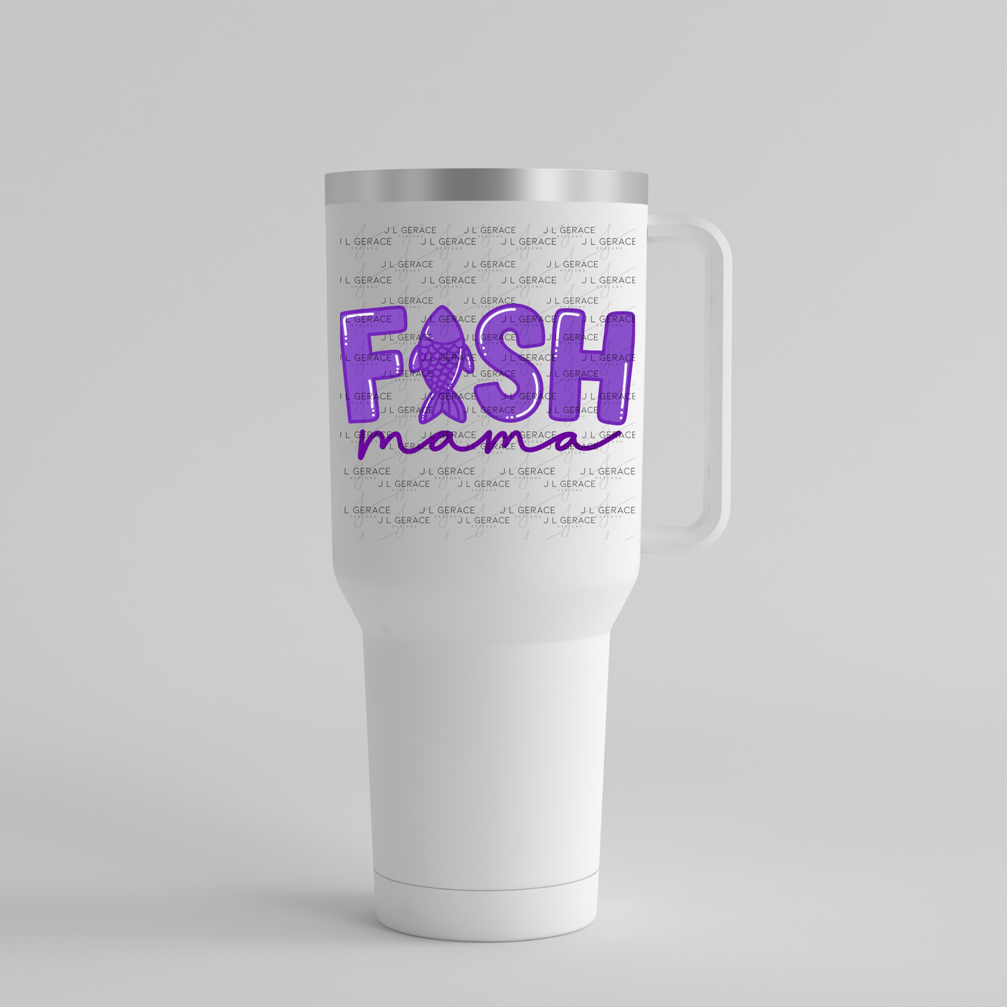 Fish Mama PNG – Purple Fishing Design with Fish Silhouette Letter