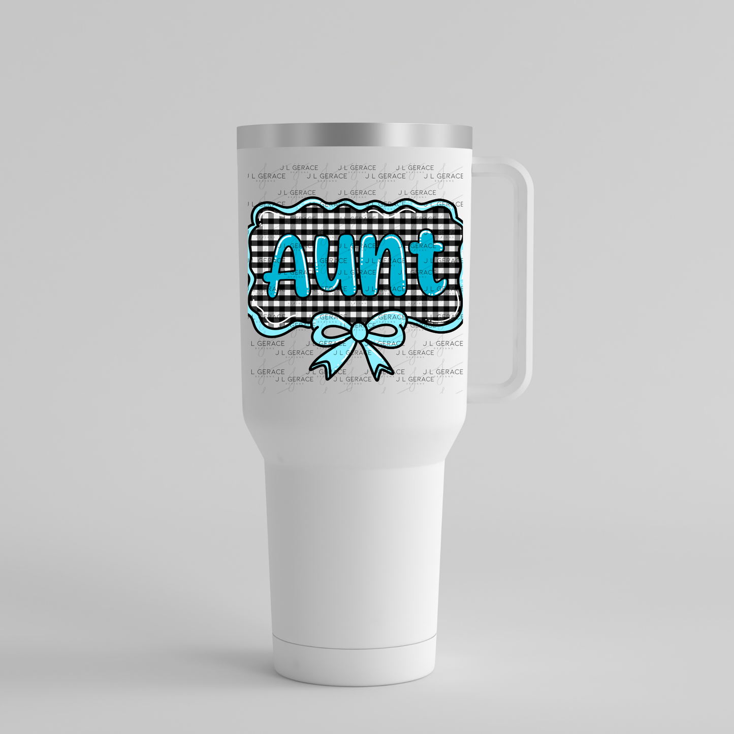 Aunt PNG – Teal Glossy Lettering with Gingham Background & Bow