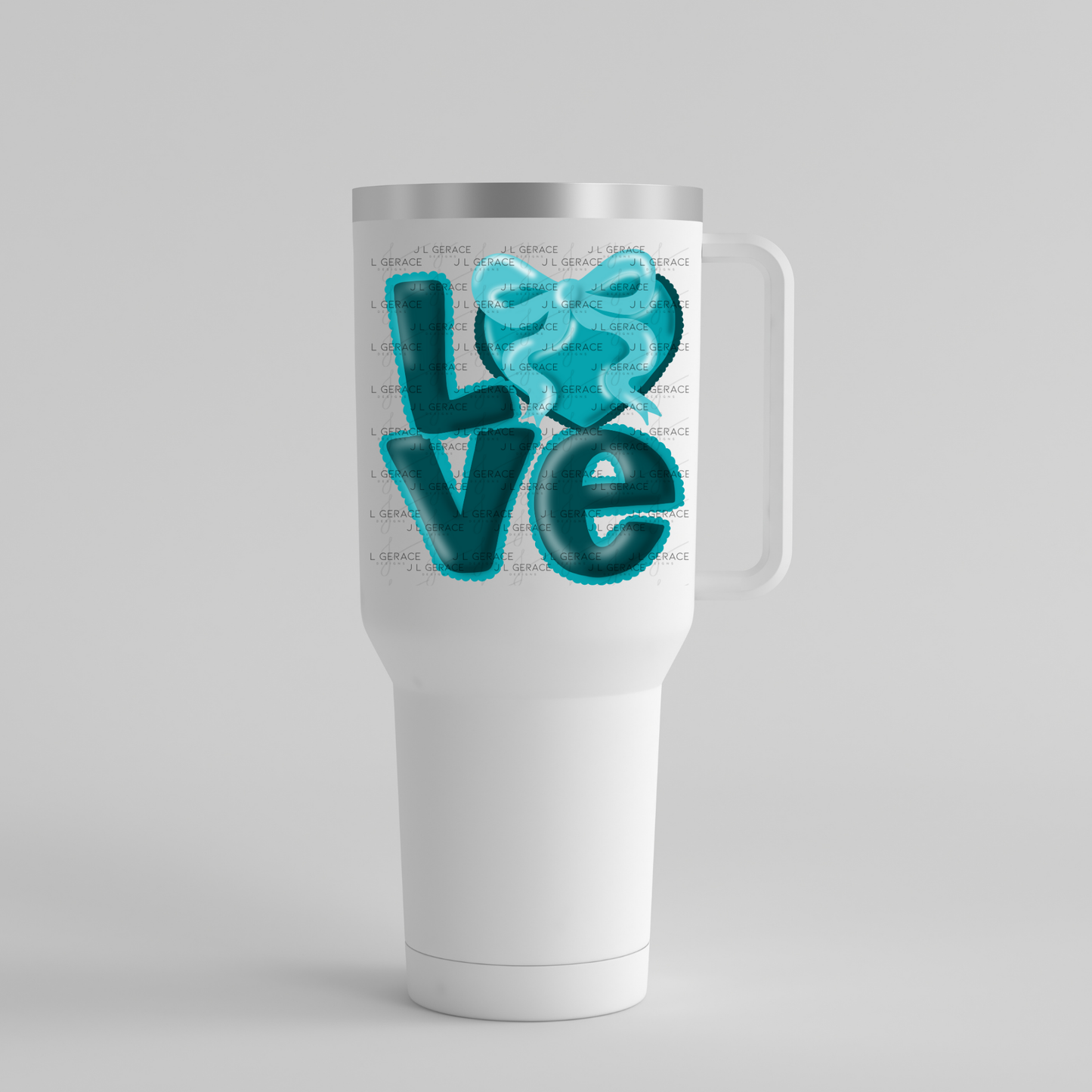 Teal Love Bubble Letter PNG with Bow Accent Scalloped Trim Design