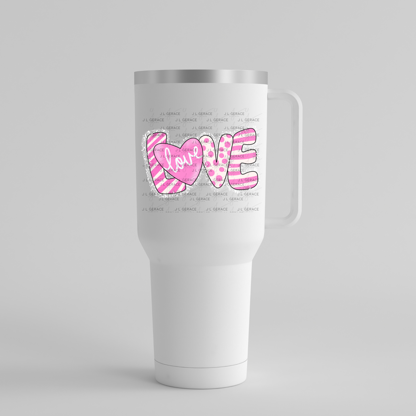 Pink Love Word PNG with Heart – Polka Dot and Stripe Mixed Pattern Design