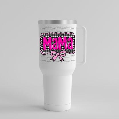 Mama PNG – Hot Pink Glossy Lettering with Gingham Background & Bow
