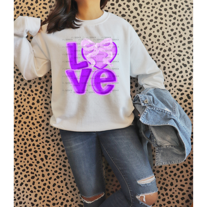 Purple Love Bubble Letter PNG with Heart Bow Design Scalloped Trim