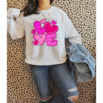 Pink Love Bubble Letter PNG with hearts String Glitter Outline