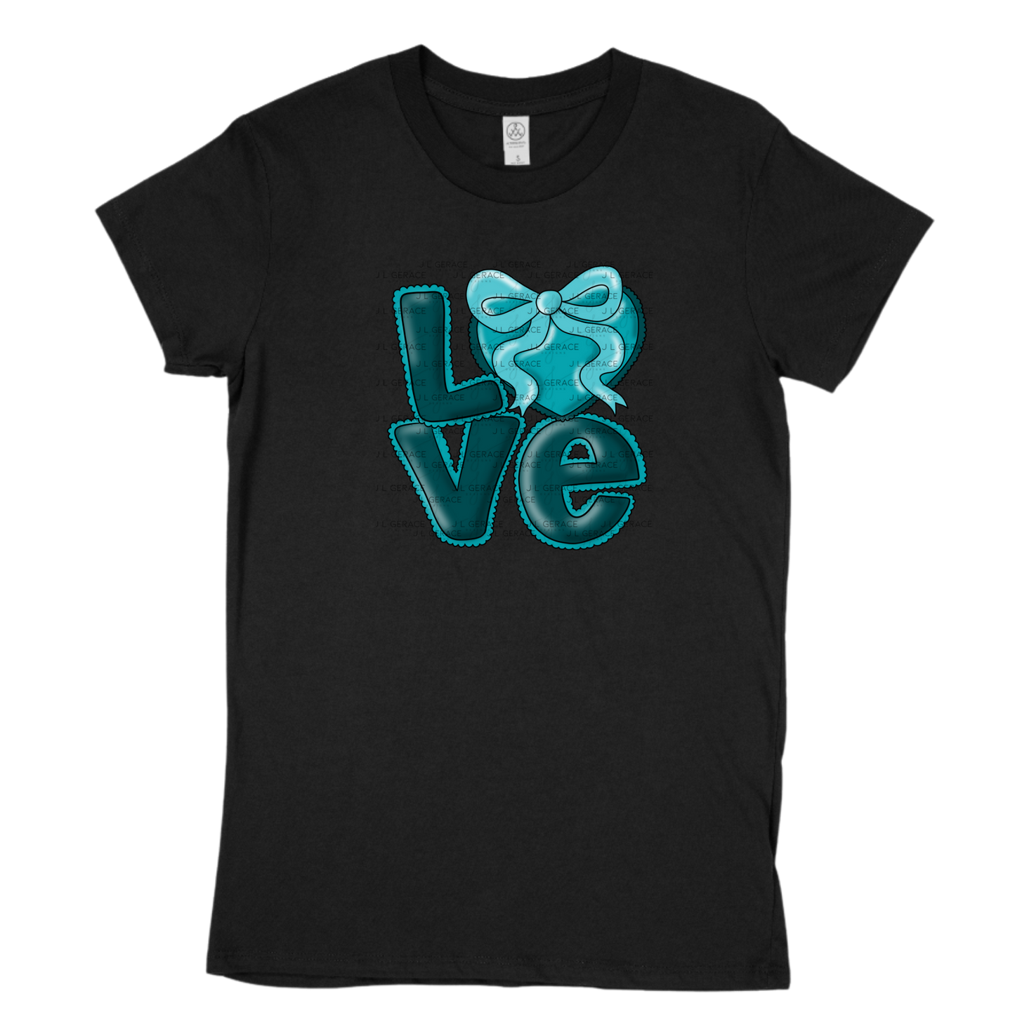 Dark Teal Love Bubble Letter PNG with Bow Accent Black outline Design