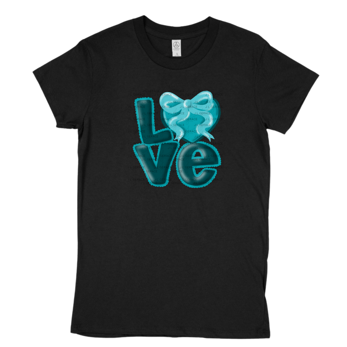 Teal Love Bubble Letter PNG with Bow Accent Scalloped Trim Design