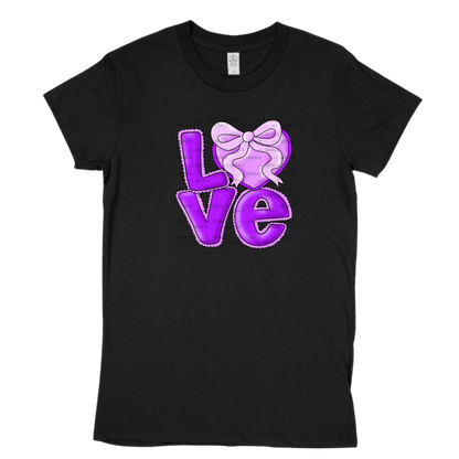 Purple Love Bubble Letter PNG with Bow Accent Black Outline Design