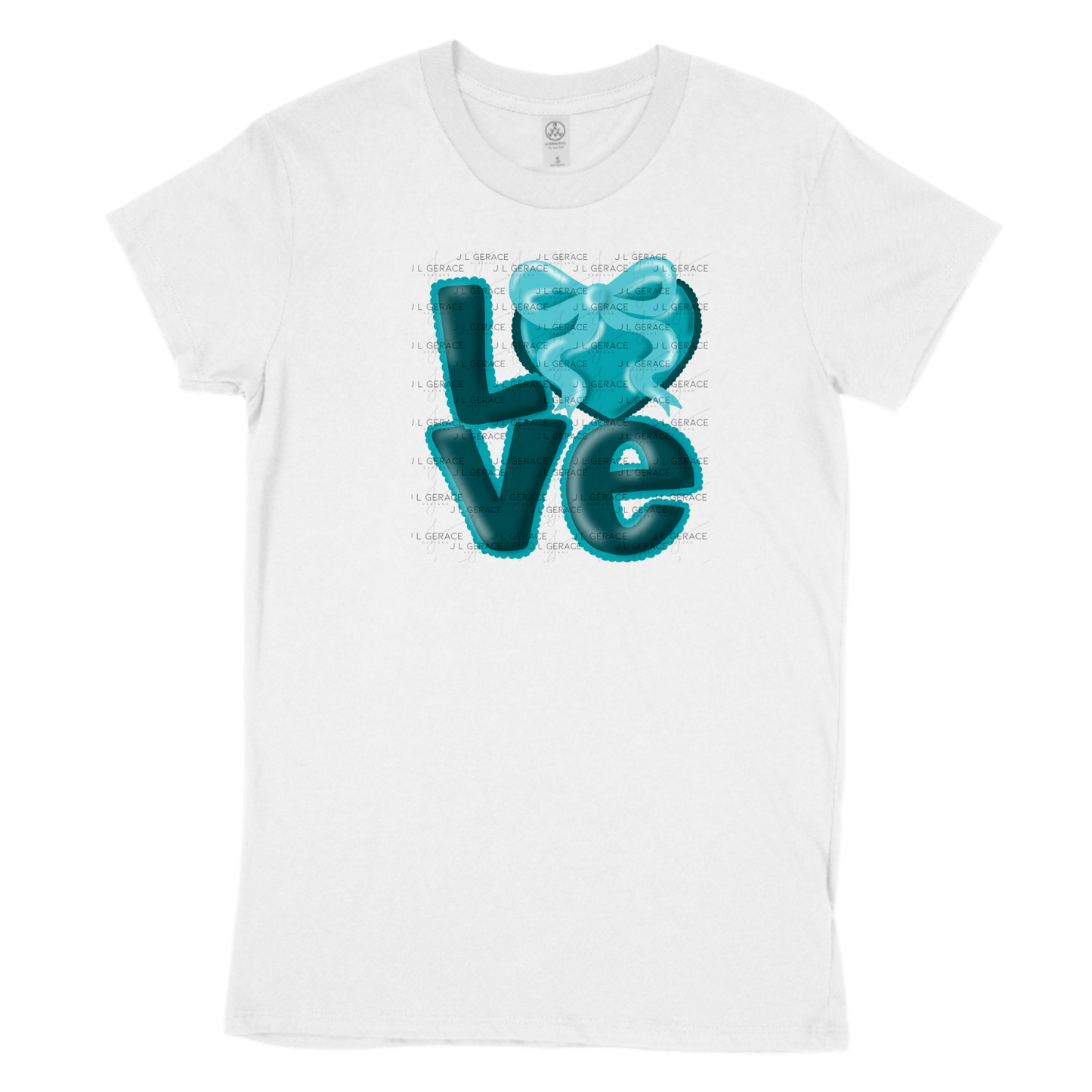 Teal Love Bubble Letter PNG with Bow Accent Scalloped Trim Design