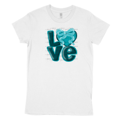 Teal Love Bubble Letter PNG with Bow Accent Scalloped Trim Design
