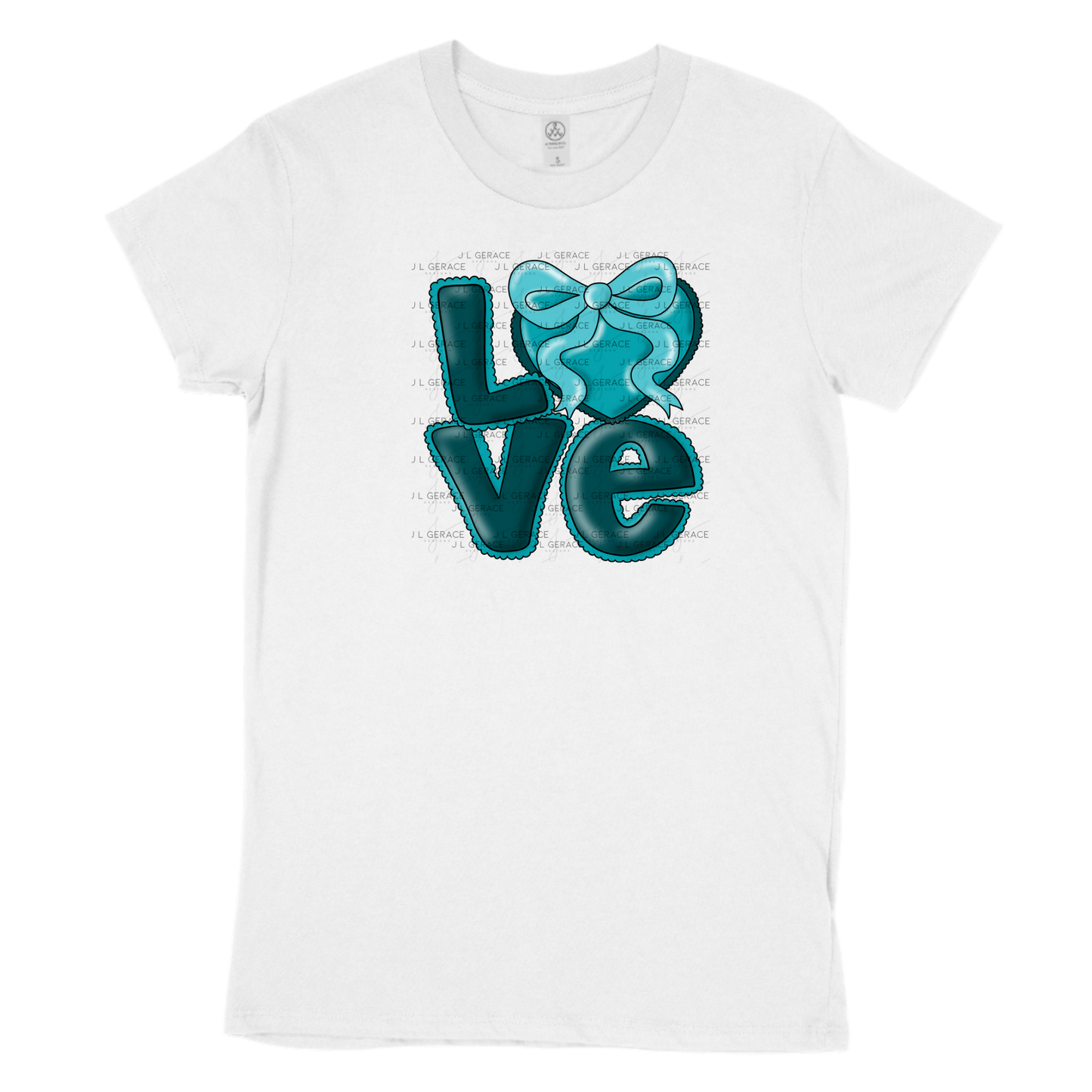Dark Teal Love Bubble Letter PNG with Bow Accent Black outline Design