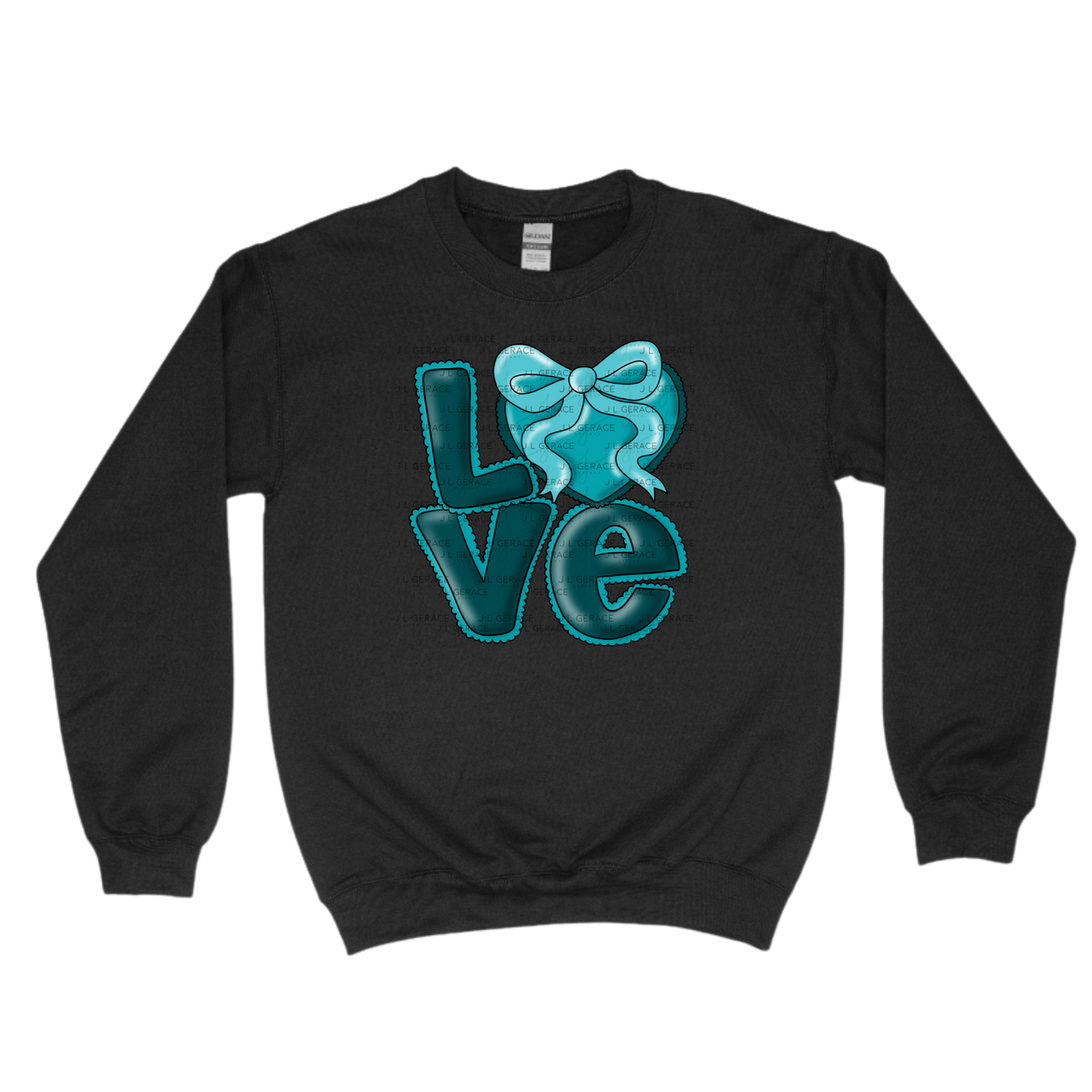 Dark Teal Love Bubble Letter PNG with Bow Accent Black outline Design