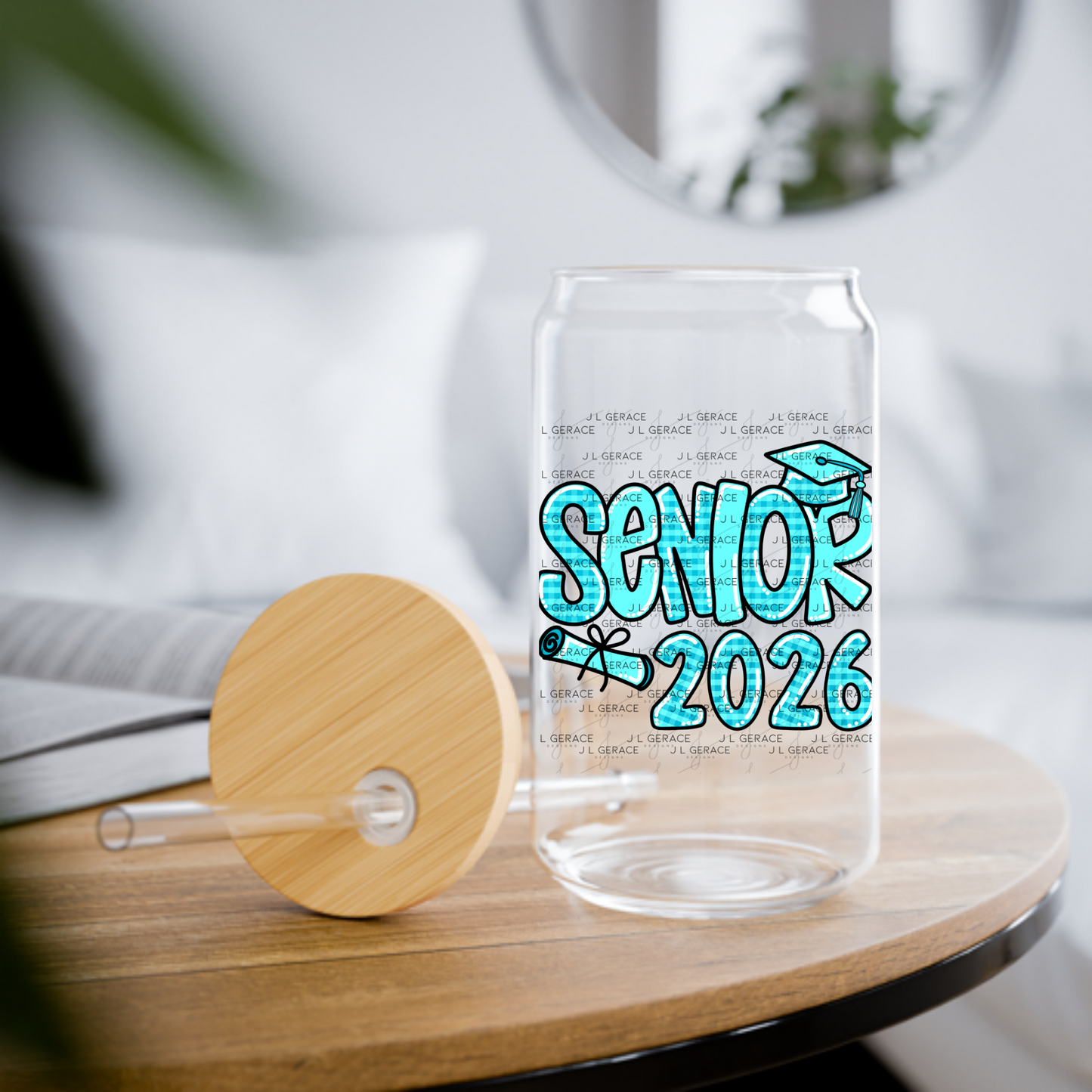 Senior 2026 PNG – Aqua Plaid Graduation Cap and Diploma Design
