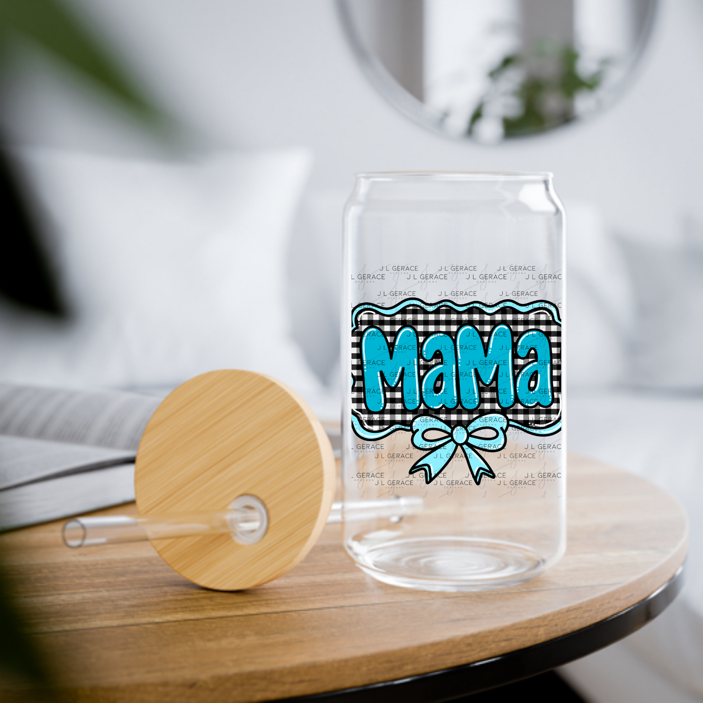 Mama PNG – Teal Glossy Lettering with Gingham Background & Bow