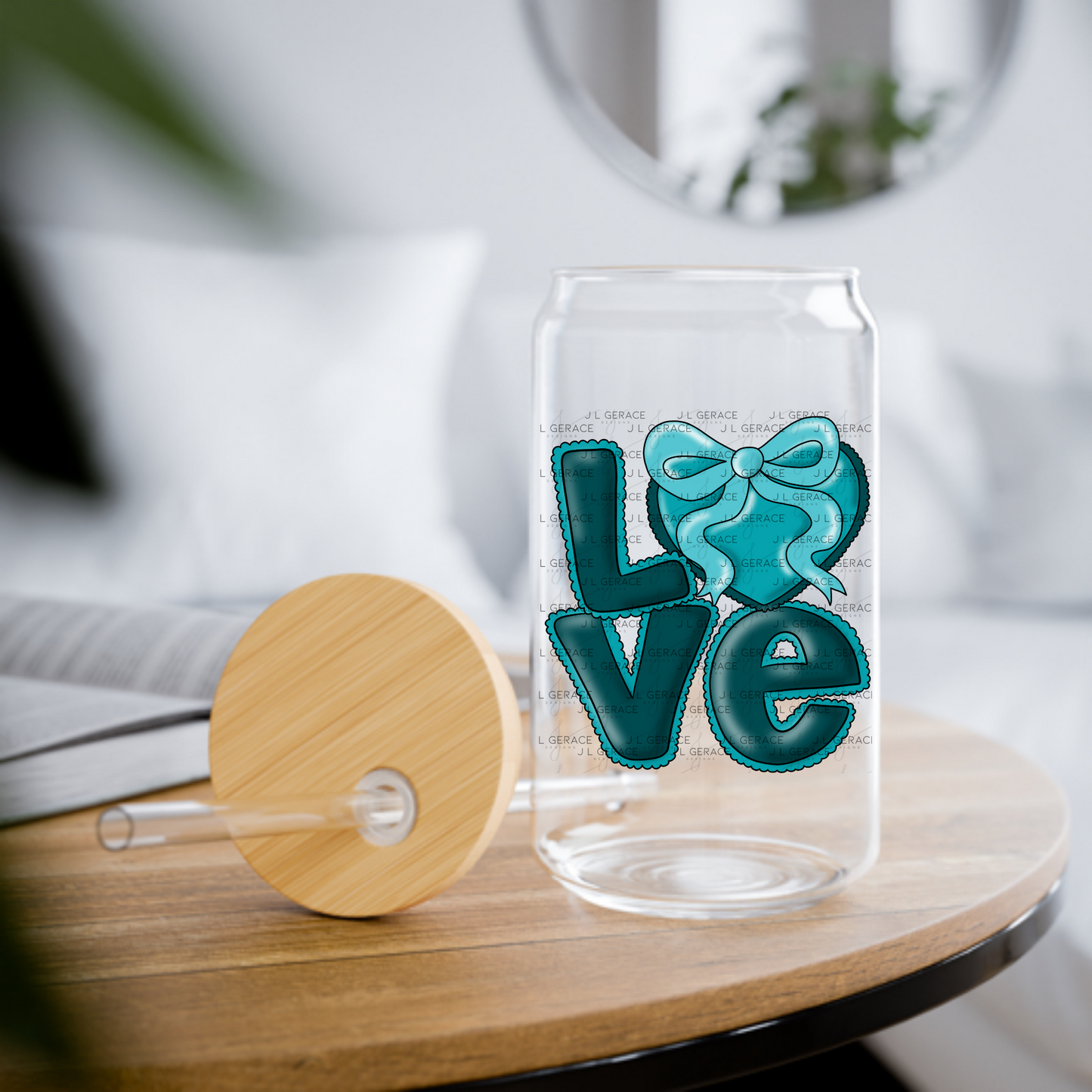 Dark Teal Love Bubble Letter PNG with Bow Accent Black outline Design