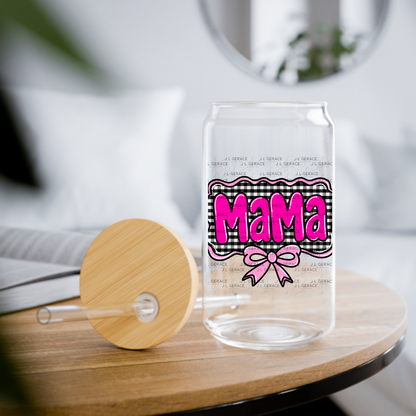 Mama PNG – Hot Pink Glossy Lettering with Gingham Background & Bow
