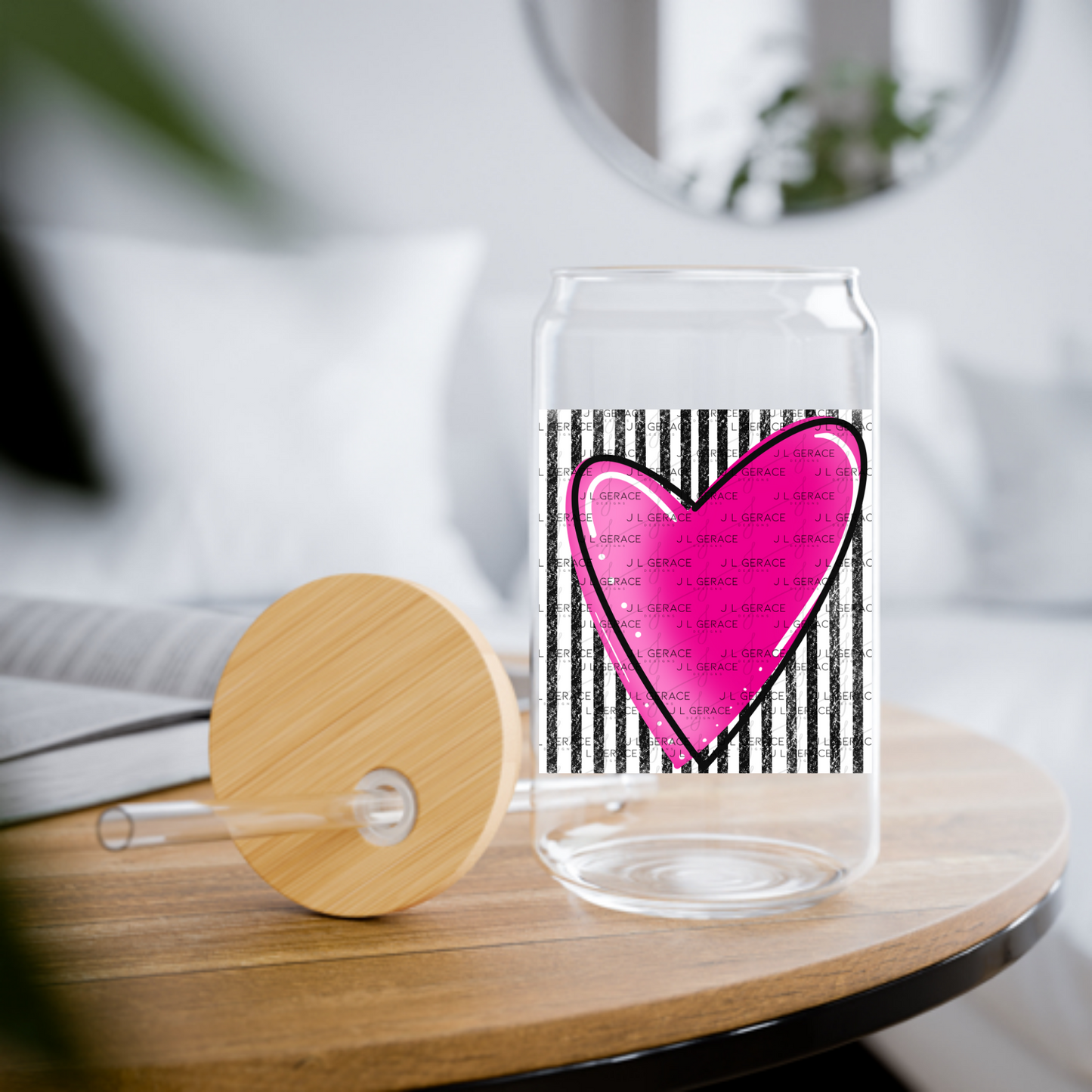 Pink Gradient Heart with Black and White Pinstripes Clipart PNG