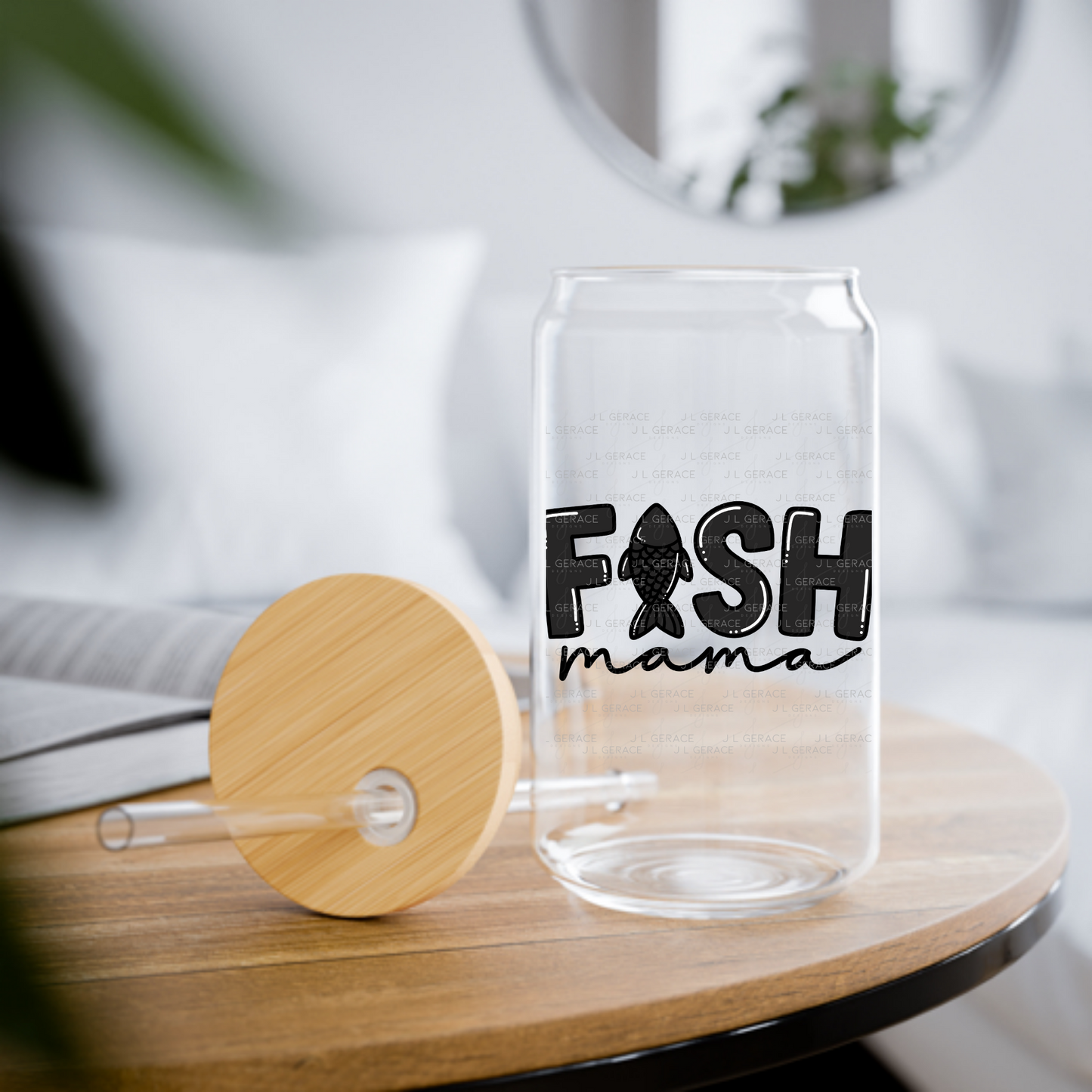 Fish Mama PNG – Black Glossy “FISH Mama” Design with Fish Silhouette Letter