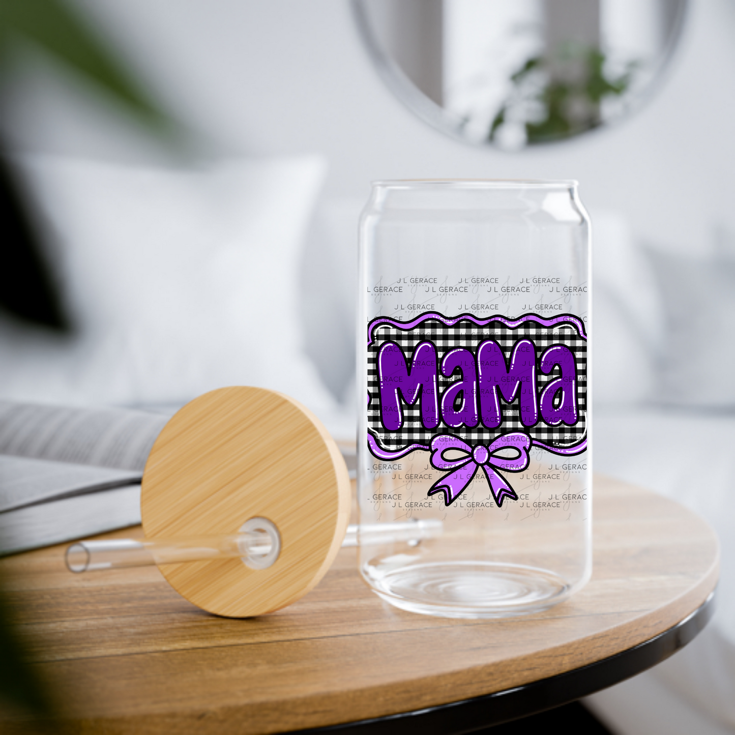 Mama PNG – Purple Glossy Lettering with Gingham Background & Bow