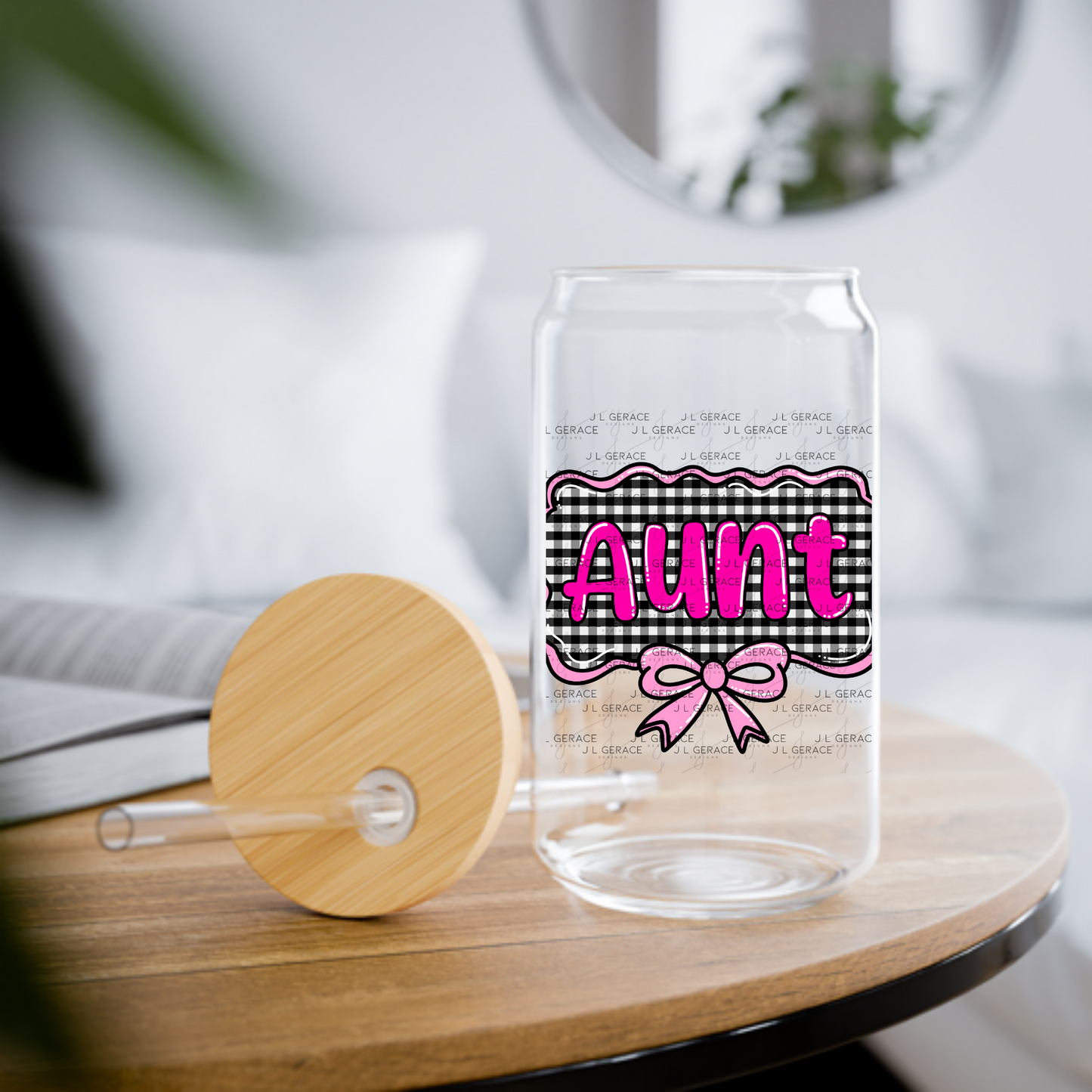 Aunt PNG – Pink Glossy Lettering with Gingham Background & Bow