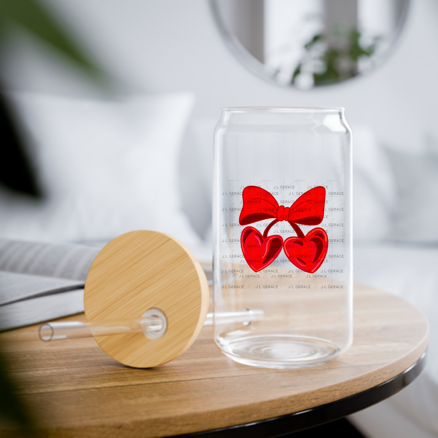 Red Heart Cherries PNG with Bow String Glitter Outline Design