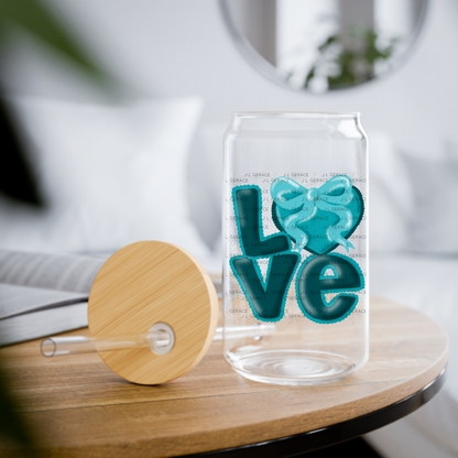 Teal Love Bubble Letter PNG with Bow Accent Scalloped Trim Design
