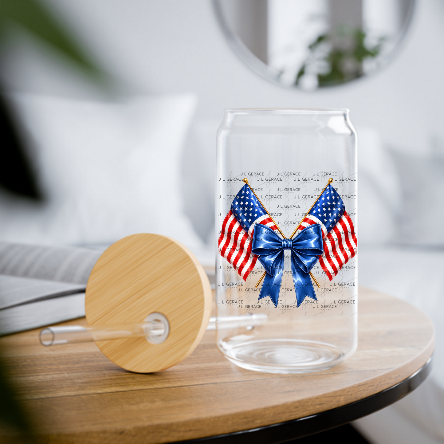 Patriotic Crossed Flags Blue Bow PNG Design Digital Download