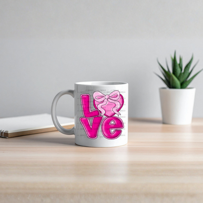 Love Pink Heart Bow PNG Valentine Word Art Design with outline
