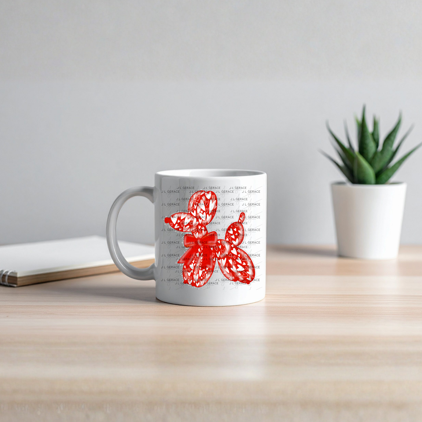 Red Love Balloon Dog PNG with Heart Pattern Bow and Glitter Outline