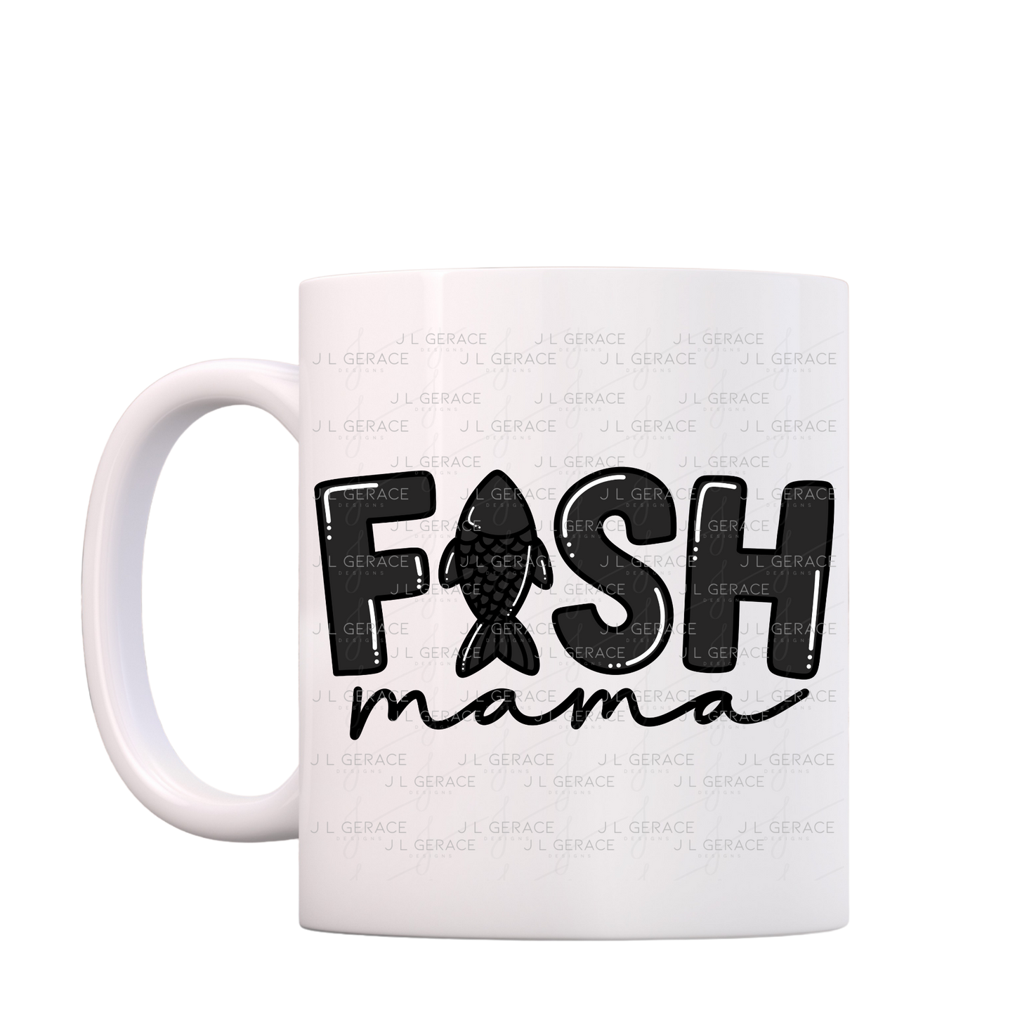 Fish Mama PNG – Black Glossy “FISH Mama” Design with Fish Silhouette Letter