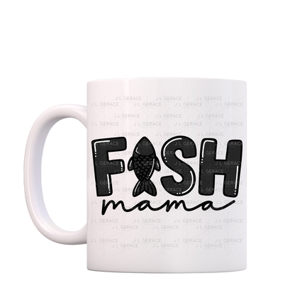 Fish Mama PNG – Black Glossy “FISH Mama” Design with Fish Silhouette Letter
