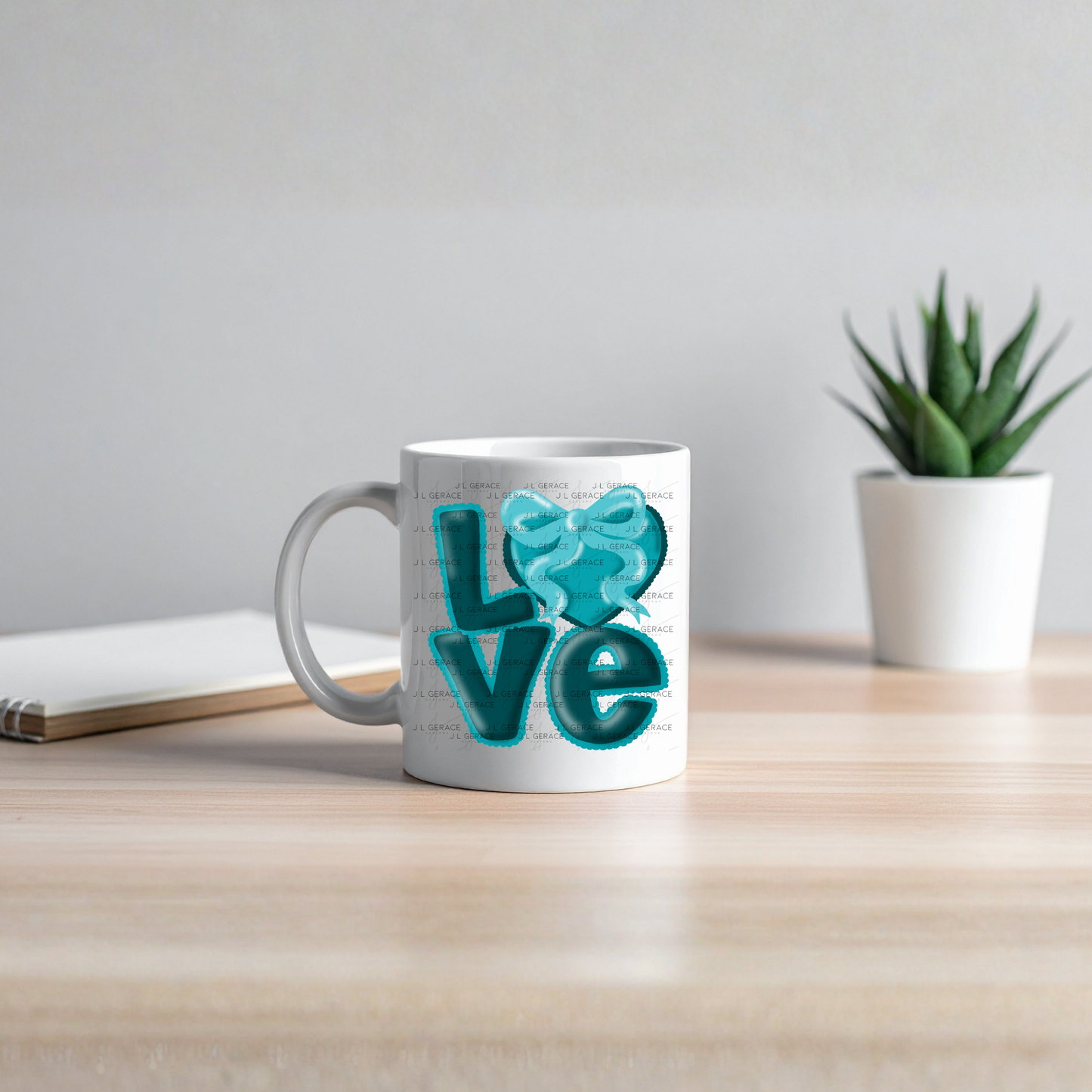 Teal Love Bubble Letter PNG with Bow Accent Scalloped Trim Design