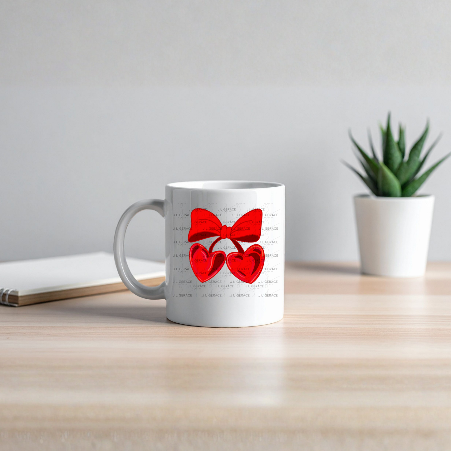 Red Heart Cherries PNG with Bow Glossy Solid Design