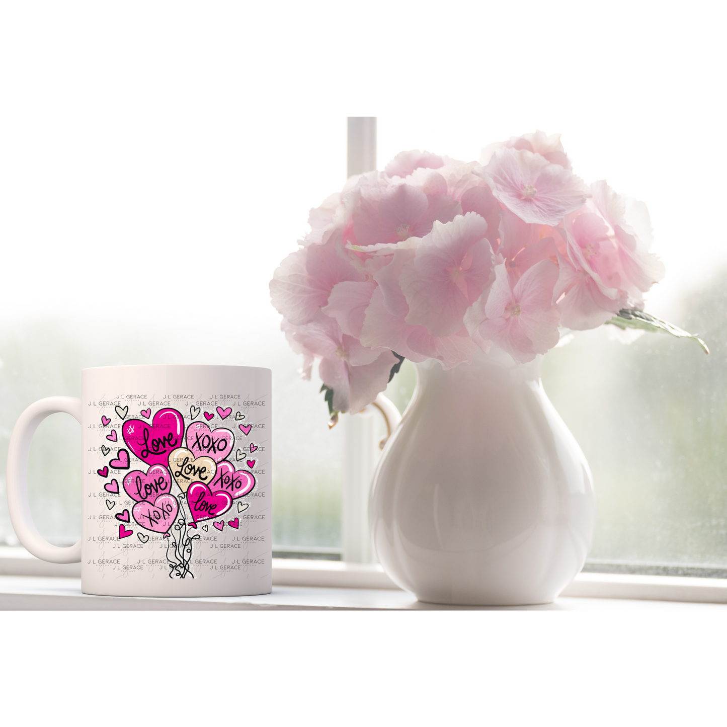 Pink Love & XOXO Heart Balloon Bouquet with Glitter String Outline PNG