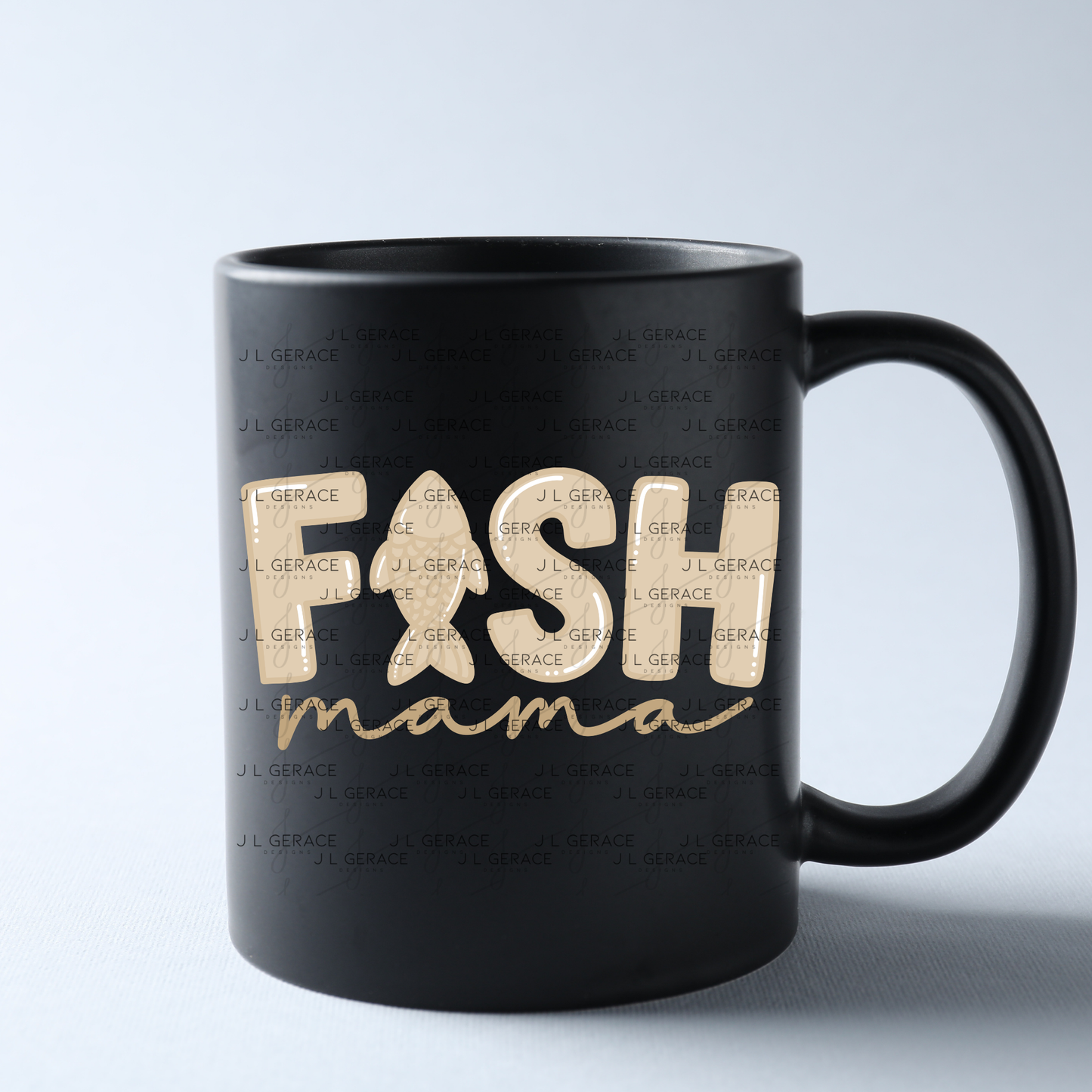 Fish Mama PNG – Tan Glossy “FISH Mama” Design with Fish Letter