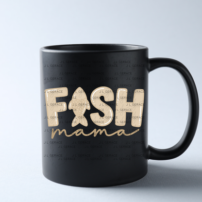 Fish Mama PNG – Tan Glossy “FISH Mama” Design with Fish Letter