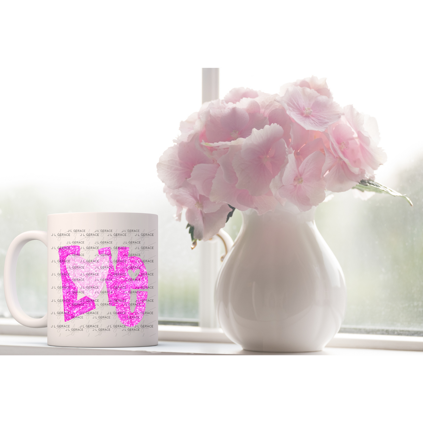 Pink Glitter Love Bubble Letter PNG with Glitter Heart Accent