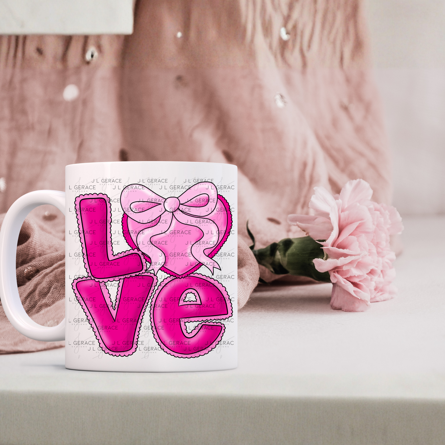 Love Pink Heart Bow PNG Valentine Word Art Design with outline