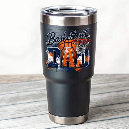 Basketball Dad PNG – Blue Orange Paint Splatter Design with Hoop and Ball