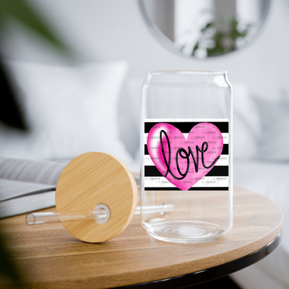 Pink Heart Love Script PNG with Black Handwritten Lettering Black and white stripe background