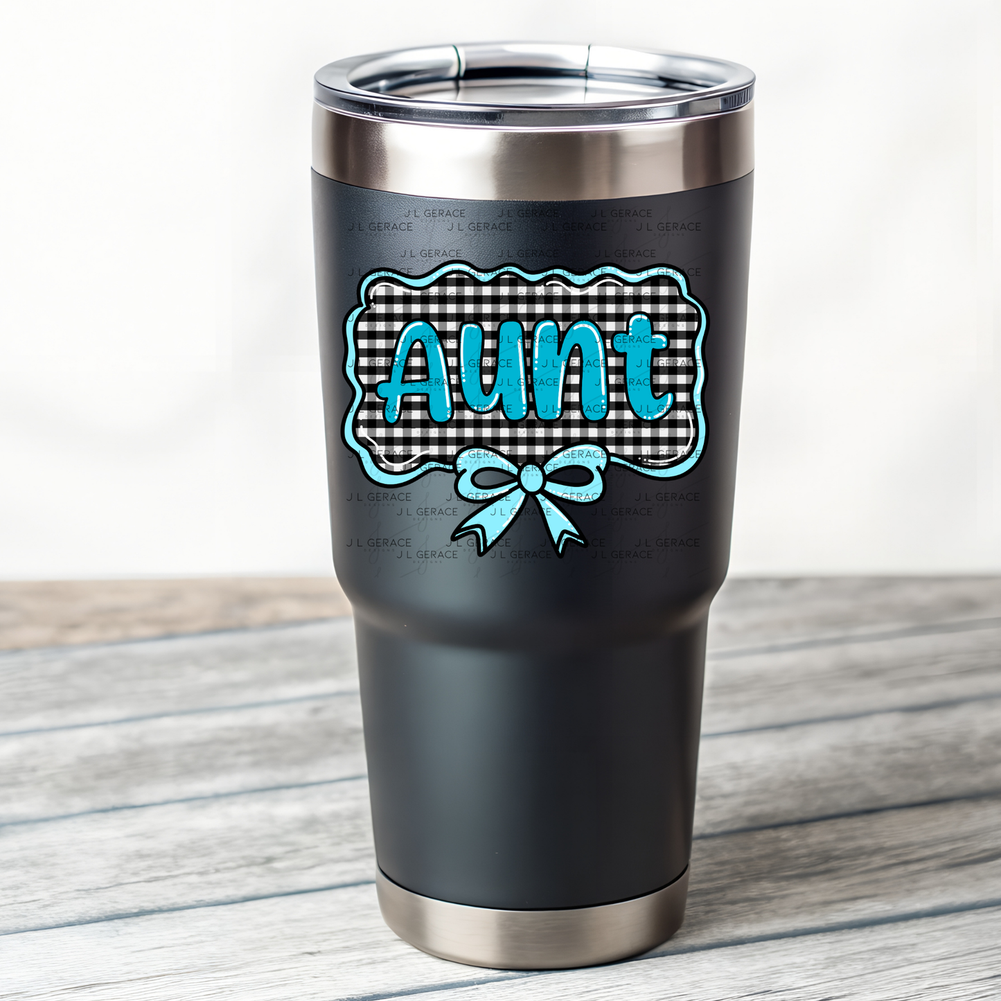 Aunt PNG – Teal Glossy Lettering with Gingham Background & Bow