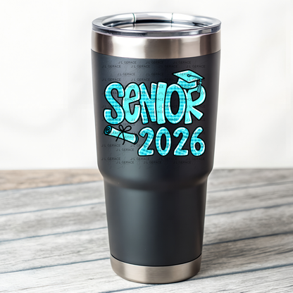 Senior 2026 PNG – Aqua Plaid Graduation Cap and Diploma Design