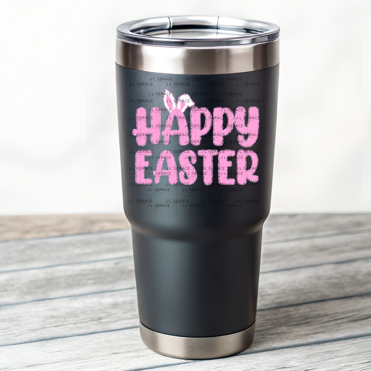 Happy Easter Bunny Ears Pink Chunky Glitter Outline PNG