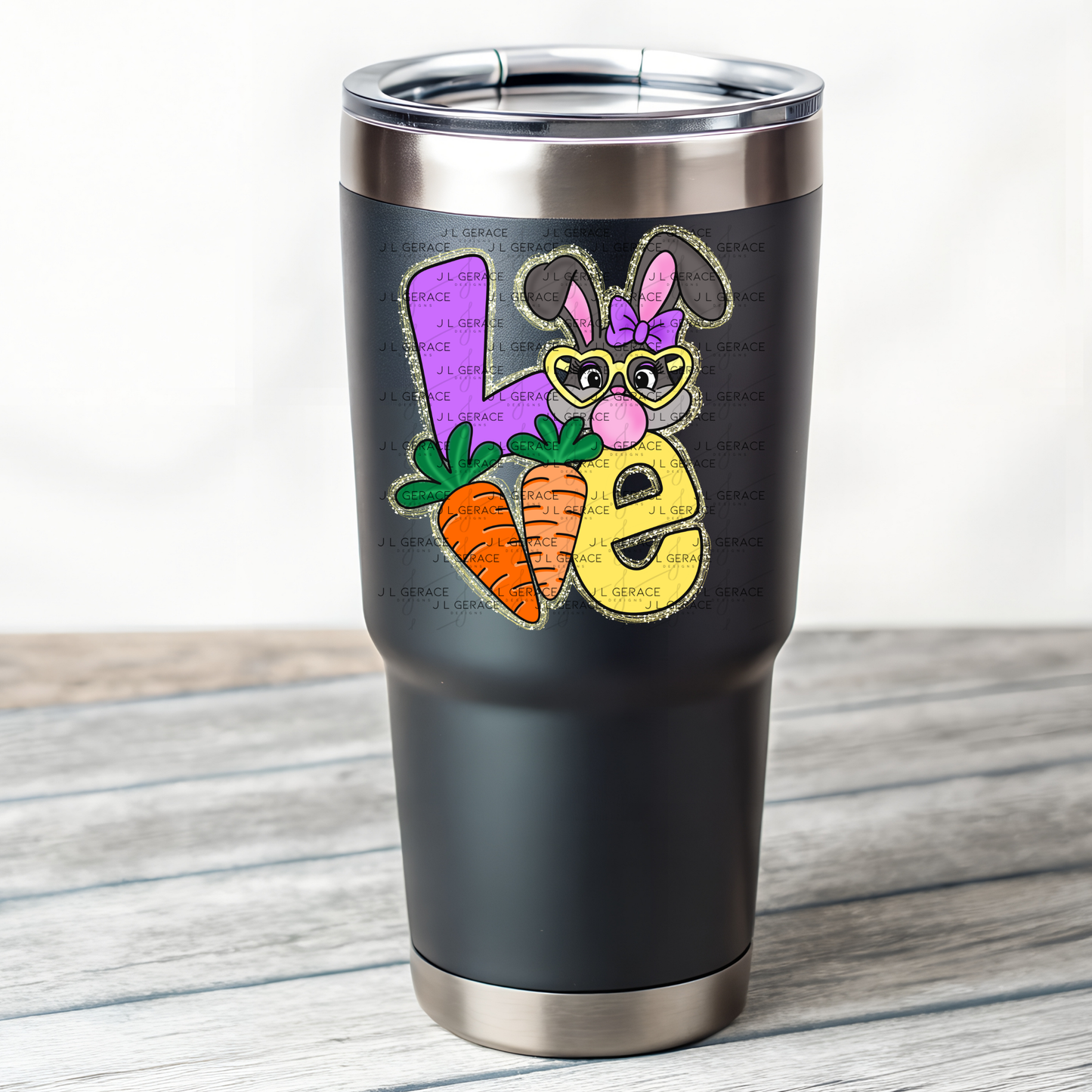 LOVE Easter Bunny with Carrots - Gold String Glitter PNG