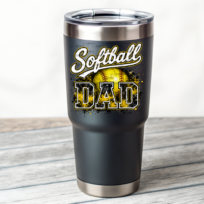 Softball Dad PNG – Yellow Black Paint Splatter Sports Design with Softball
