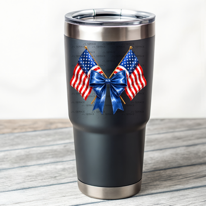 Patriotic Crossed Flags Blue Bow PNG Design Digital Download