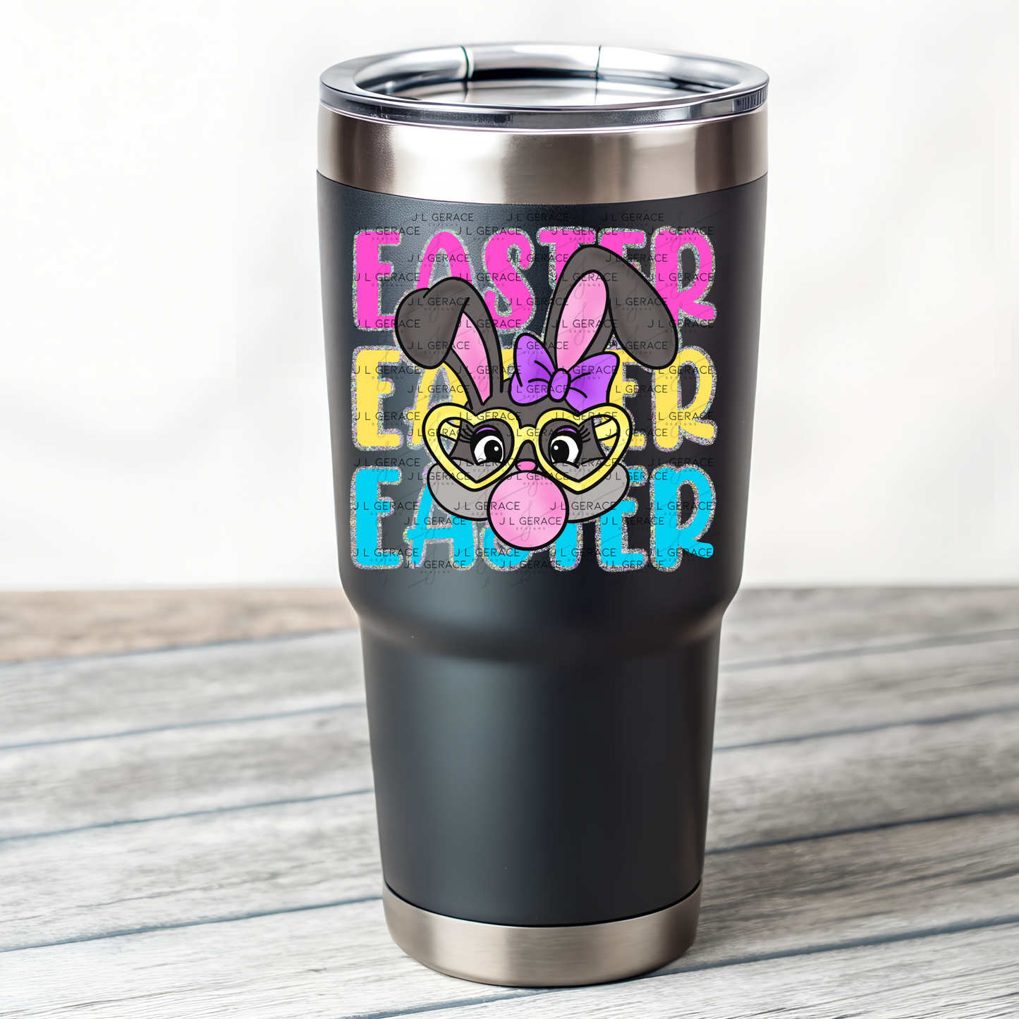 EASTER EASTER EASTER Bunny with Glasses Pink - Yellow - Blue - Chunky Glitter Outline PNG