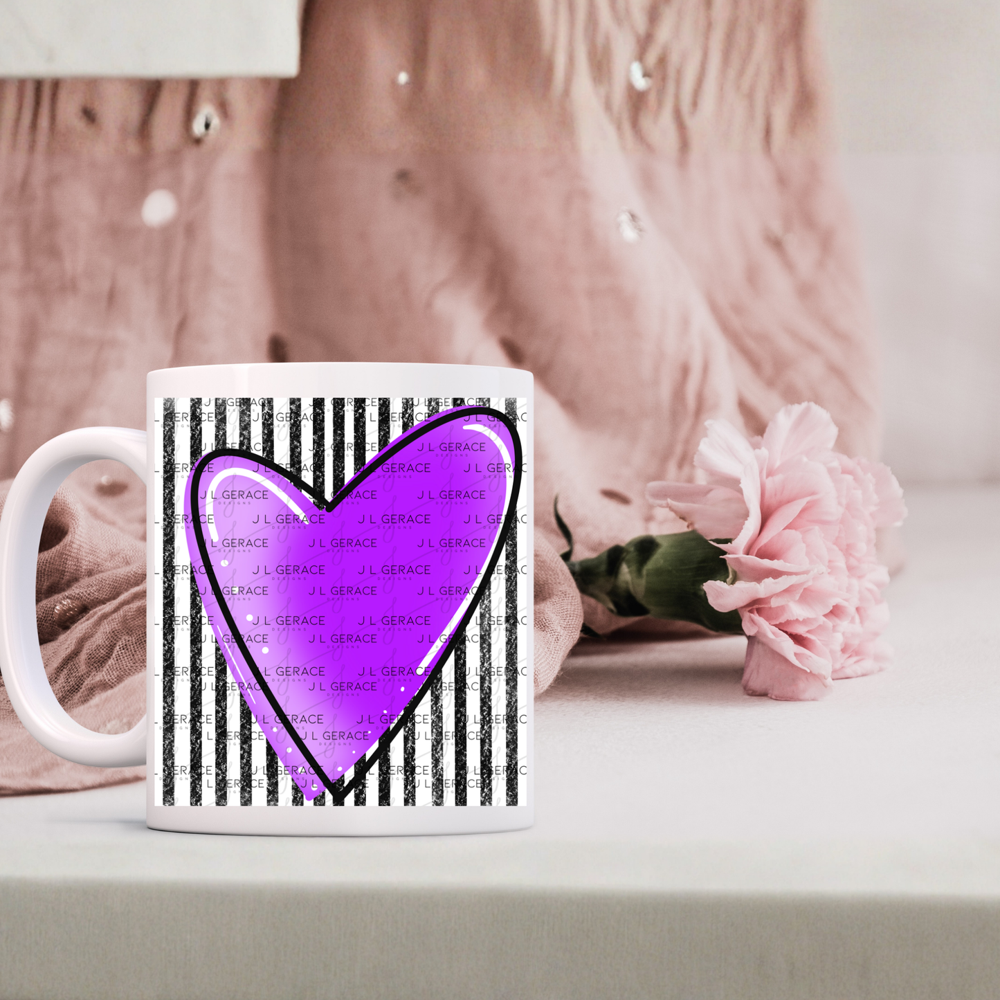 Purple Gradient Heart with Black and White Pinstripes Clipart PNG