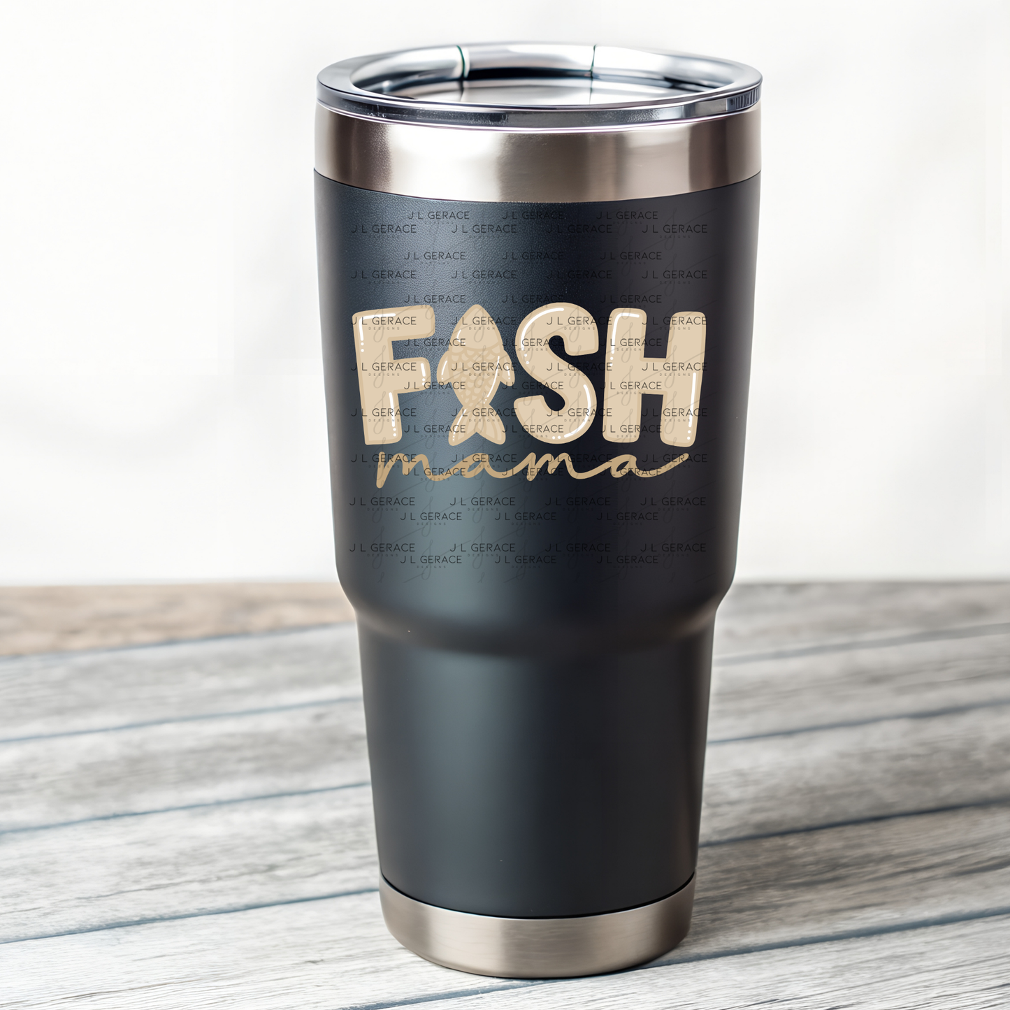 Fish Mama PNG – Tan Glossy “FISH Mama” Design with Fish Letter