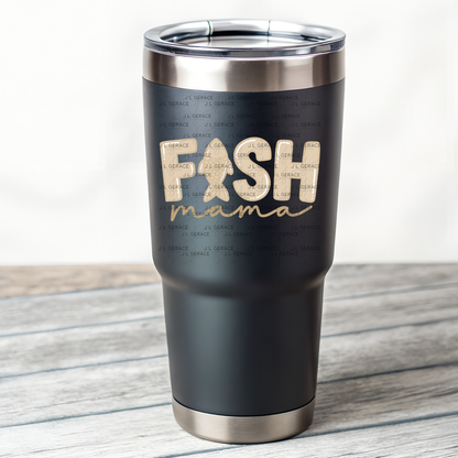 Fish Mama PNG – Tan Glossy “FISH Mama” Design with Fish Letter