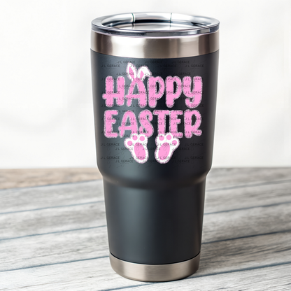 Happy Easter Bunny Ears and Feet Pink Glitter PNG Easter Clipart Sublimation PNG